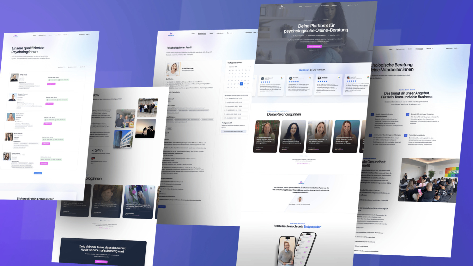 &Uuml;bersicht der PSynow Website mit Startseite und verschiedenen Unterseiten in Mockup-Darstellung